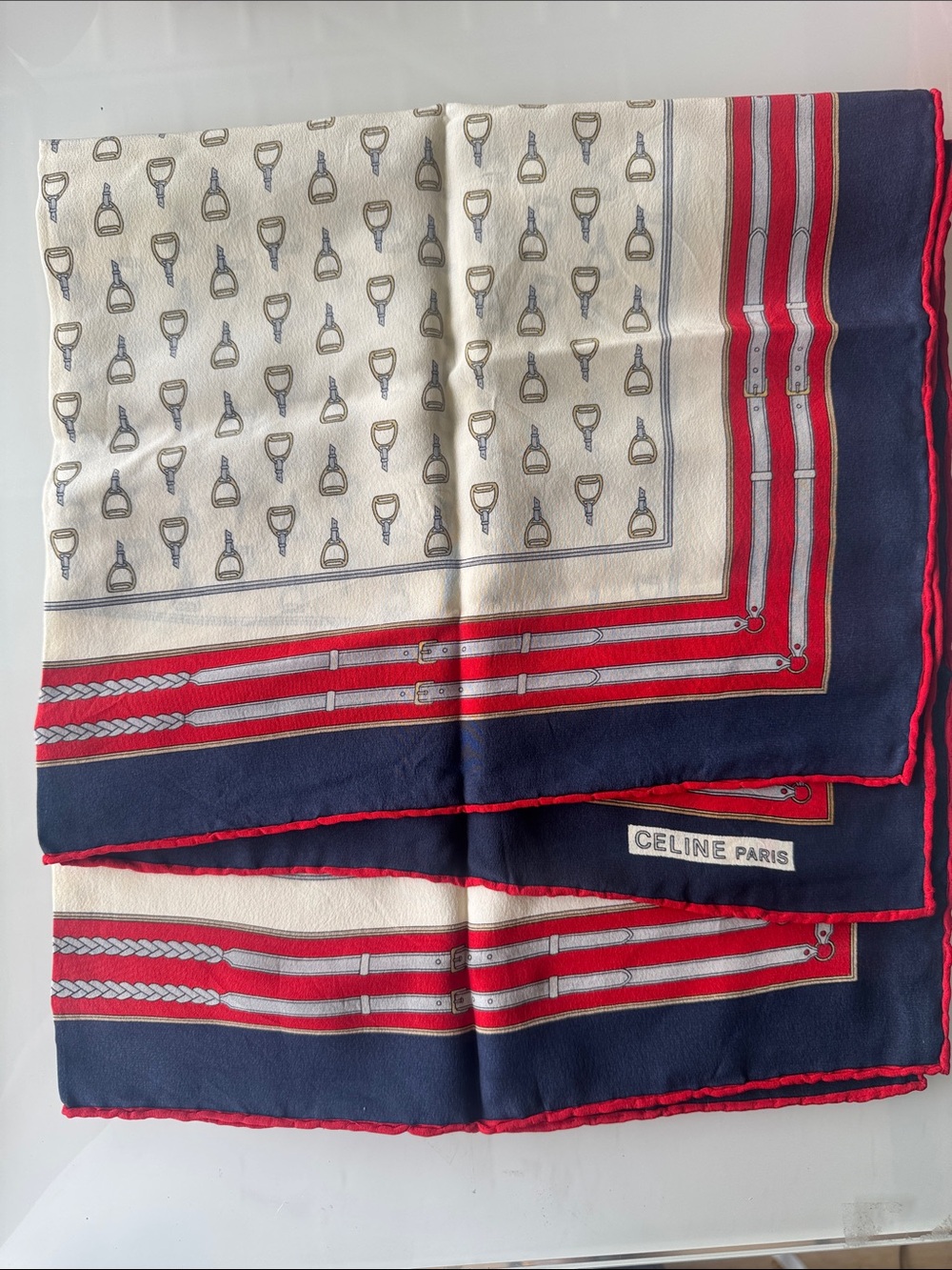 Celine Navy, Red and Cream Silk Scarf with Equestrian Print